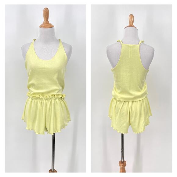 ANTHROPOLOGIE 2 Piece Sleep Set Womens Small Green Yellow Pajama Cami Shorts - Picture 1 of 16
